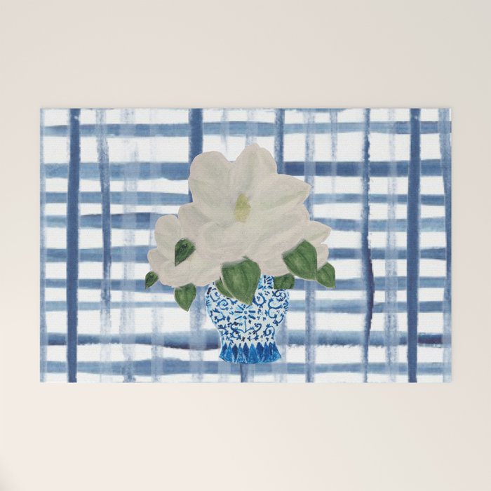 Watercolor Gingham Magnolias Ginger Jar Painting  Welcome Mat Gallery Image 1