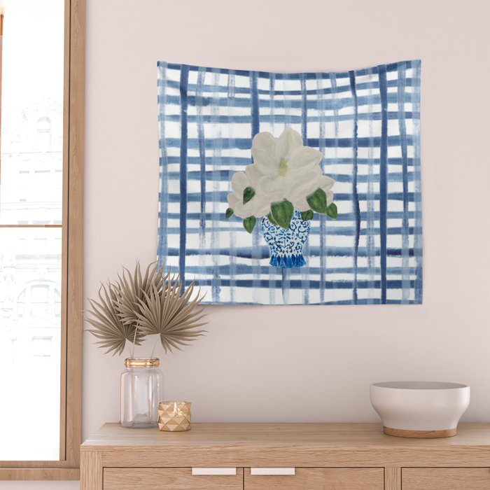 Watercolor Gingham Magnolias Ginger Jar Painting  Wall Tapestry Gallery Image 2