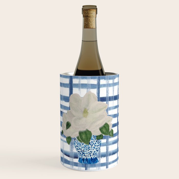 Watercolor Gingham Magnolias Ginger Jar Painting  Wine Chiller Gallery Image 1