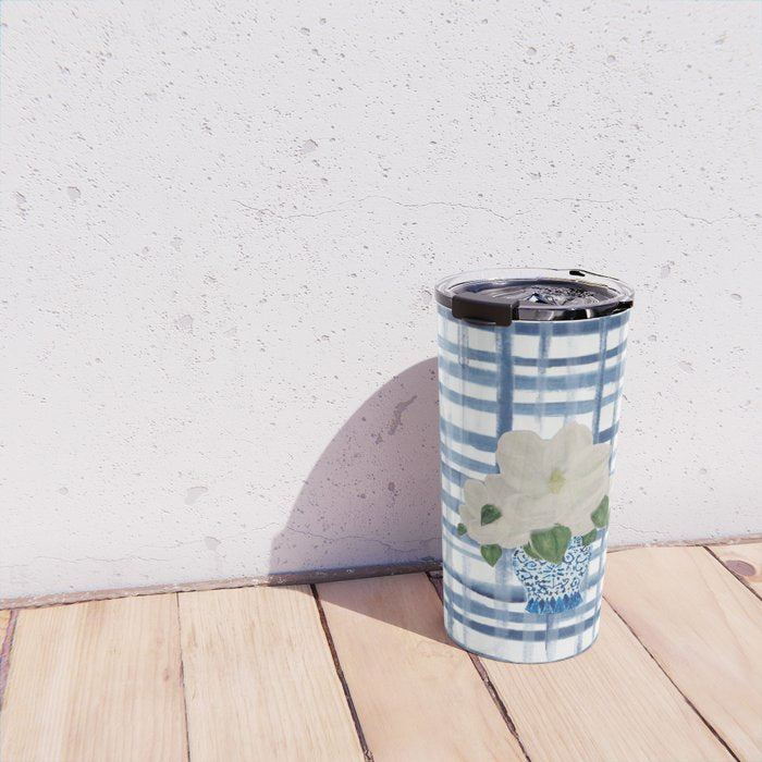 Watercolor Gingham Magnolias Ginger Jar Painting  Travel Mug Gallery Image 4