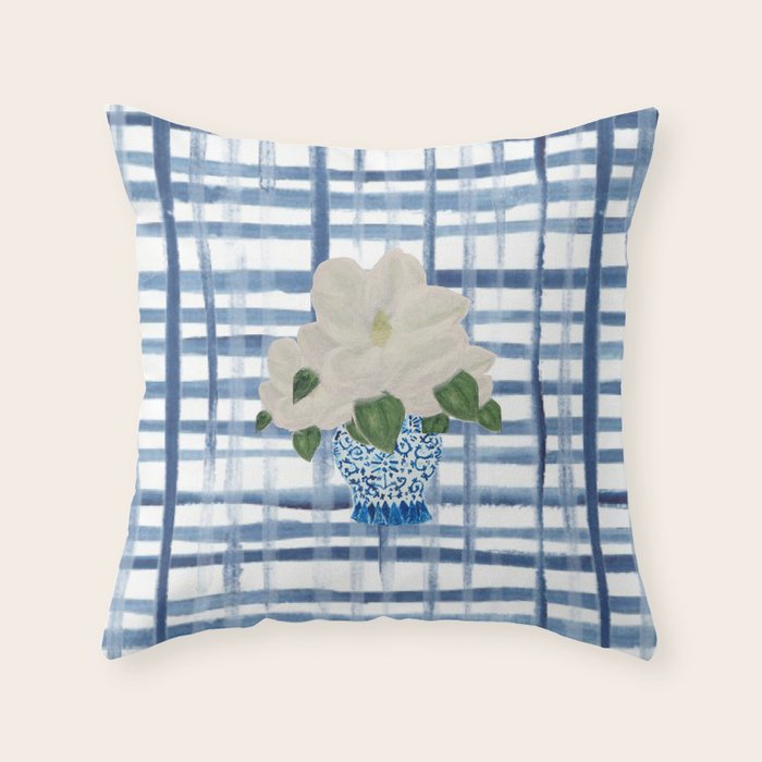 Watercolor Gingham Magnolias Ginger Jar Painting  Throw Pillow Gallery Image 6