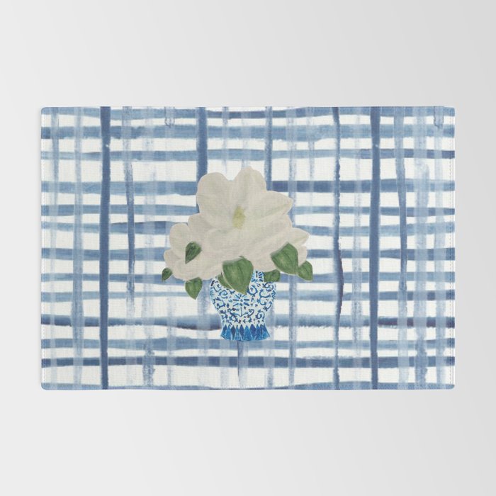 Watercolor Gingham Magnolias Ginger Jar Painting  Rug Gallery Image 2