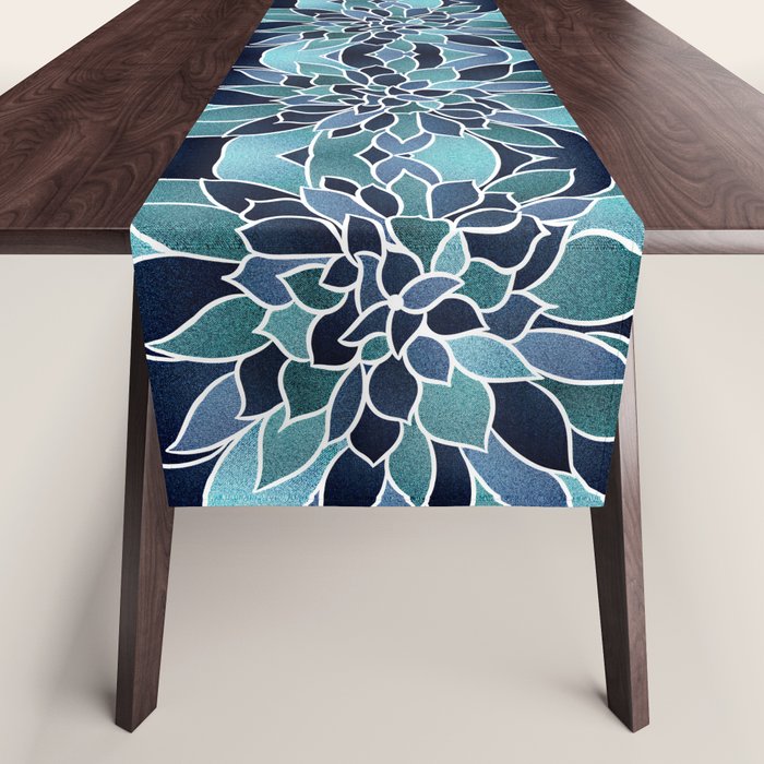 Festive, Flower Bloom, Navy Blue and Teal Table Runner Gallery Image 1