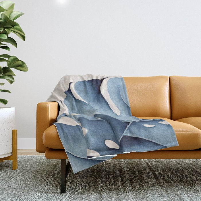 Watercolour Blue Monstera Throw Blanket Gallery Image 1