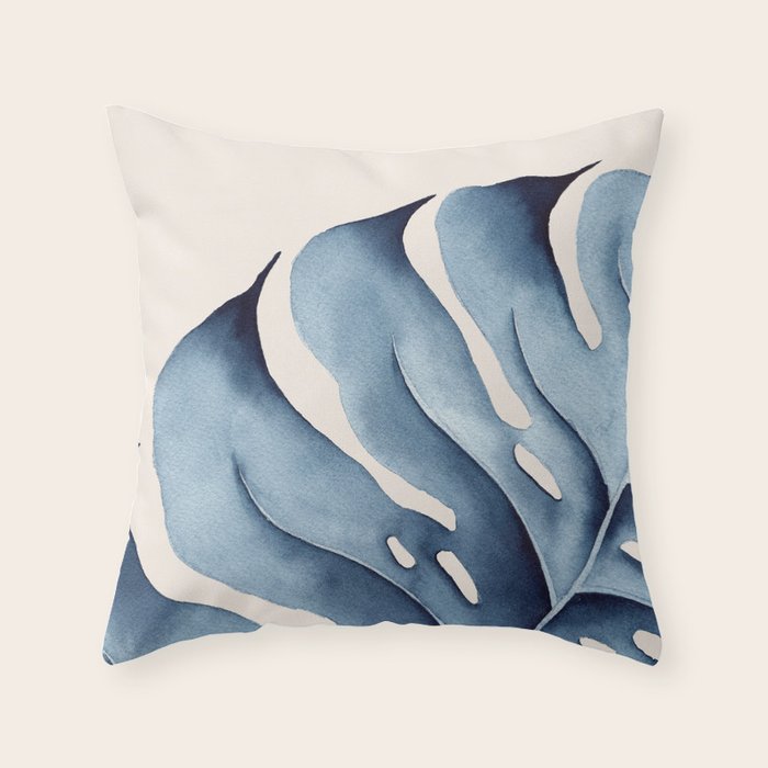 Watercolour Blue Monstera Throw Pillow Gallery Image 1