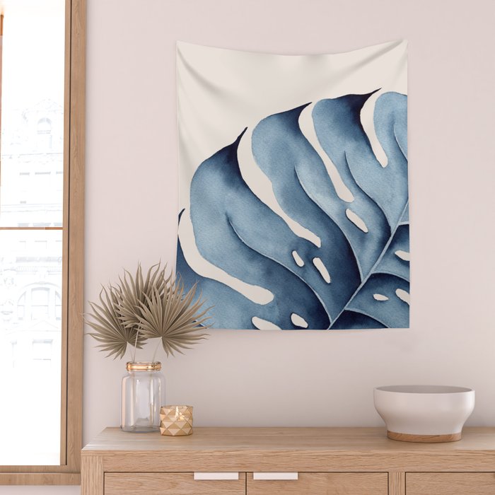 Watercolour Blue Monstera Wall Tapestry Gallery Image 2
