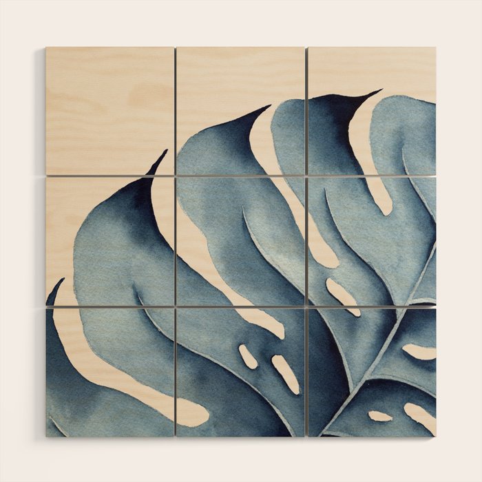 Watercolour Blue Monstera Wood Wall Art Gallery Image 1