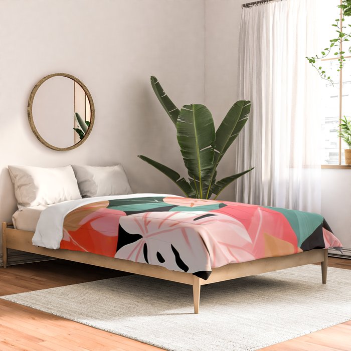 Back To the Tropical Island, Dark Botanical Nature Monstera, Plants Forest Leaves Banana Leaves, Bird of Paradise Illustration Comforter Gallery Image 2