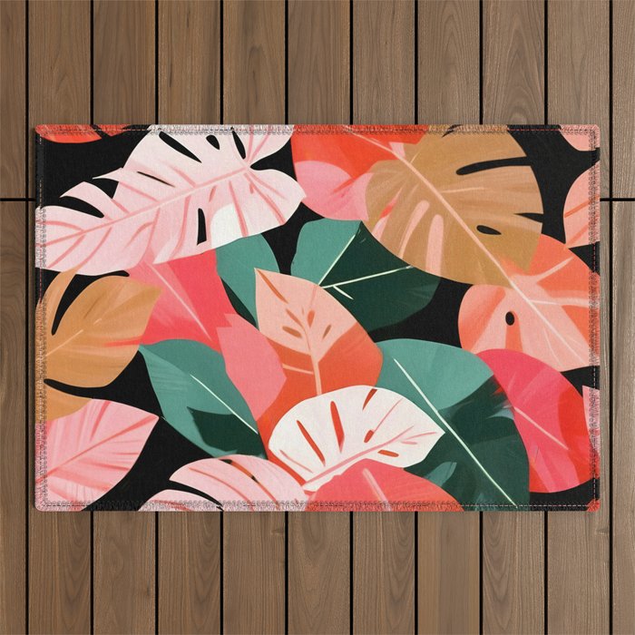 Back To the Tropical Island, Dark Botanical Nature Monstera, Plants Forest Leaves Banana Leaves, Bird of Paradise Illustration Outdoor Rug Gallery Image 1
