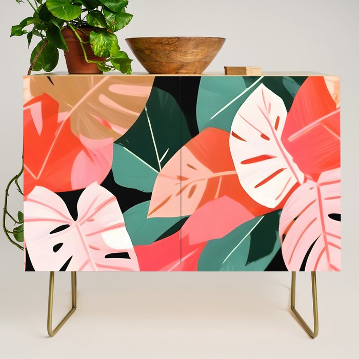 Back To the Tropical Island, Dark Botanical Nature Monstera, Plants Forest Leaves Banana Leaves, Bird of Paradise Illustration Credenza Gallery Image 1
