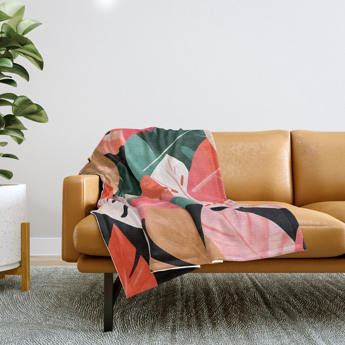 Back To the Tropical Island, Dark Botanical Nature Monstera, Plants Forest Leaves Banana Leaves, Bird of Paradise Illustration Throw Blanket Gallery Image 1