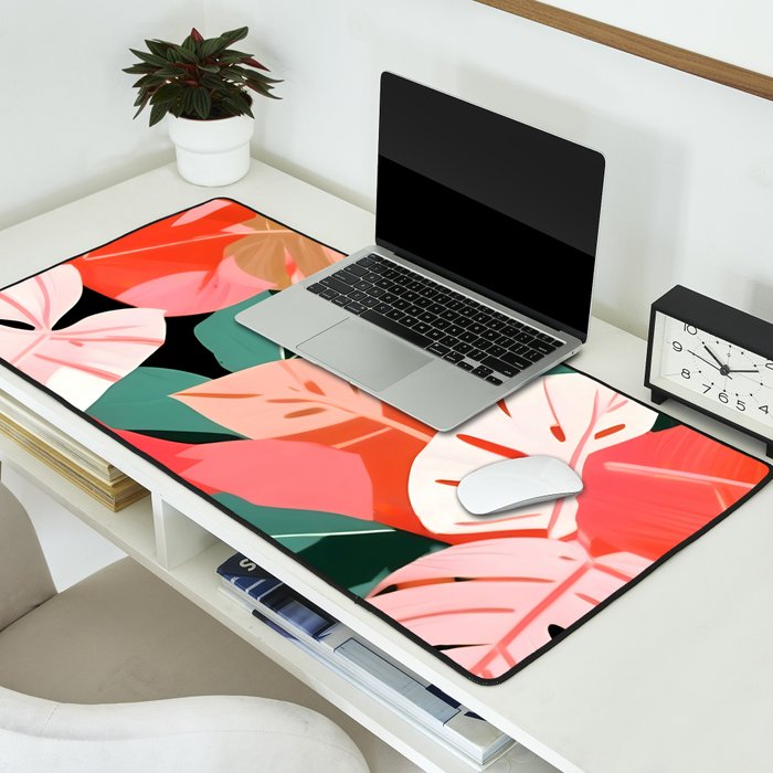 Back To the Tropical Island, Dark Botanical Nature Monstera, Plants Forest Leaves Banana Leaves, Bird of Paradise Illustration Desk Mat Gallery Image 2