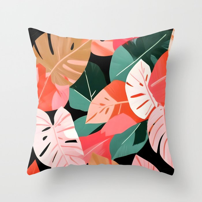 Back To the Tropical Island, Dark Botanical Nature Monstera, Plants Forest Leaves Banana Leaves, Bird of Paradise Illustration Throw Pillow Gallery Image 6