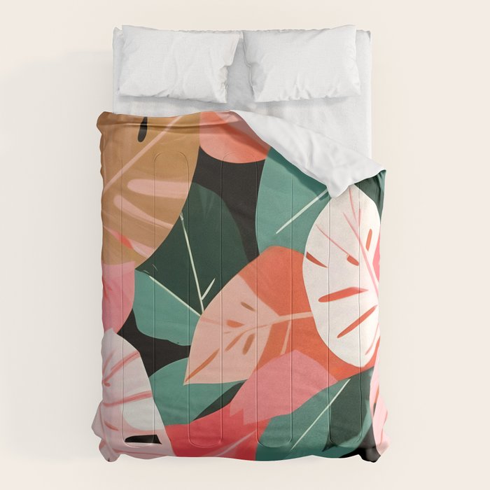 Back To the Tropical Island, Dark Botanical Nature Monstera, Plants Forest Leaves Banana Leaves, Bird of Paradise Illustration Comforter Gallery Image 6