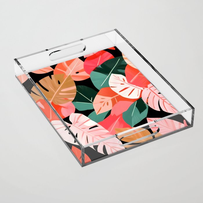 Back To the Tropical Island, Dark Botanical Nature Monstera, Plants Forest Leaves Banana Leaves, Bird of Paradise Illustration Acrylic Tray Gallery Image 1