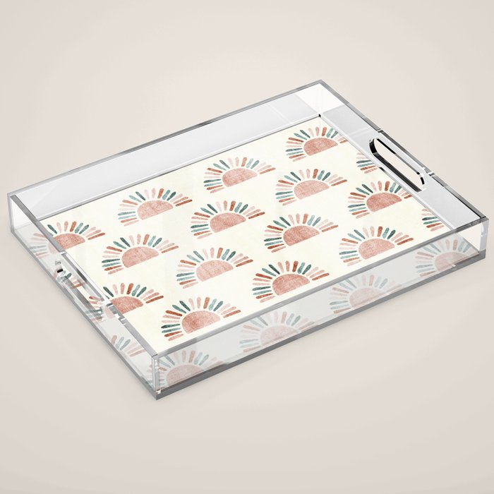 block print suns - jade and dusty rose Acrylic Tray Gallery Image 1