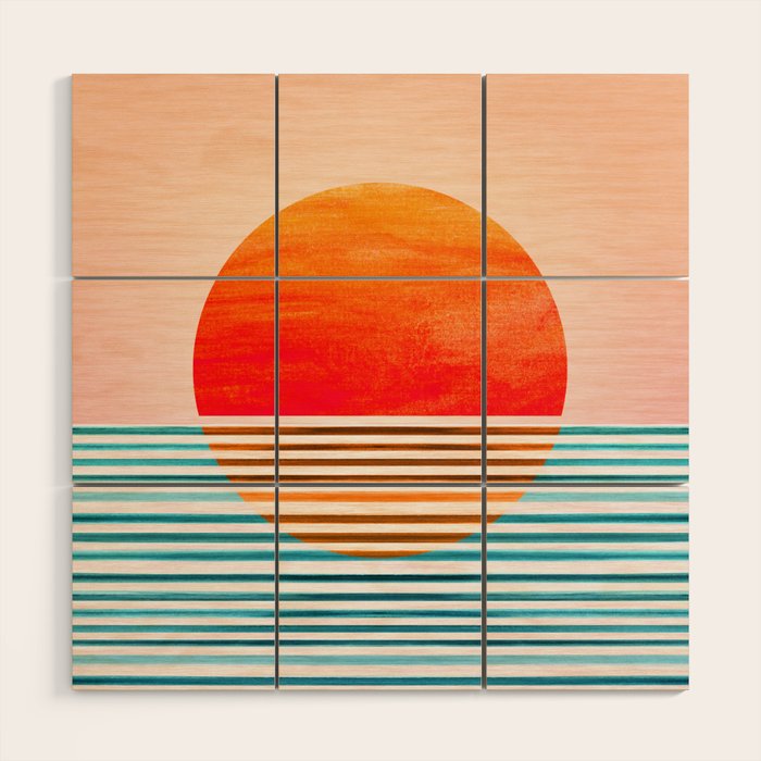 Minimalist Sunset 2 in Orange and Blue Wood Wall Art Gallery Image 1