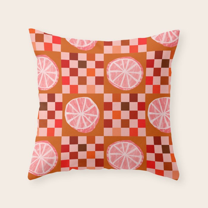 Checkered Sliced Citrus Fruit in Red & Peach Pink Throw Pillow Gallery Image 6