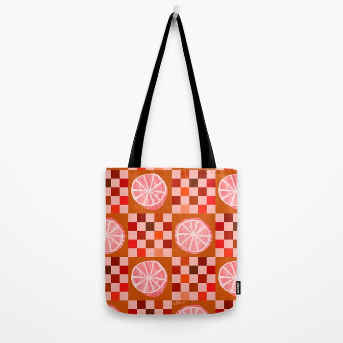Checkered Sliced Citrus Fruit in Red & Peach Pink Tote Bag Gallery Image 2