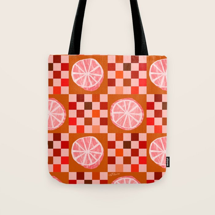 Checkered Sliced Citrus Fruit in Red & Peach Pink Tote Bag Gallery Image 1