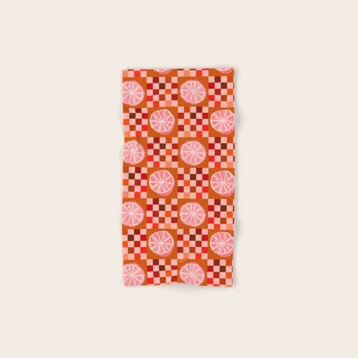 Checkered Sliced Citrus Fruit in Red & Peach Pink Bath Towel Gallery Image 1