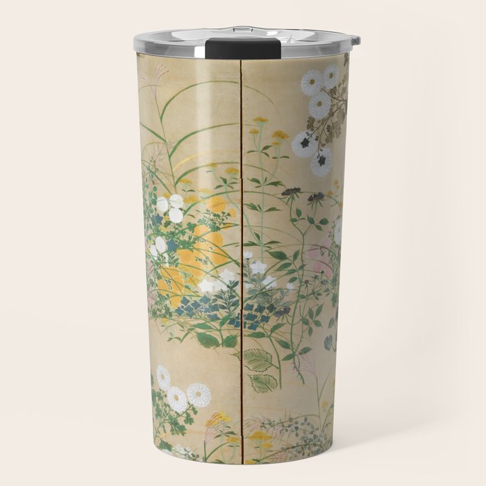 Japanese Edo Period Flowering Plants in Autumn - Ogata Korin Travel Mug Gallery Image 1