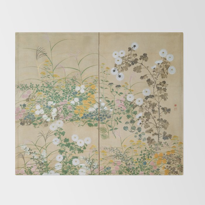 Japanese Edo Period Flowering Plants in Autumn - Ogata Korin Throw Blanket Gallery Image 2
