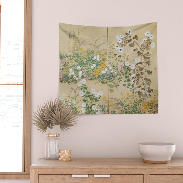 Japanese Edo Period Flowering Plants in Autumn - Ogata Korin Wall Tapestry Gallery Image 2