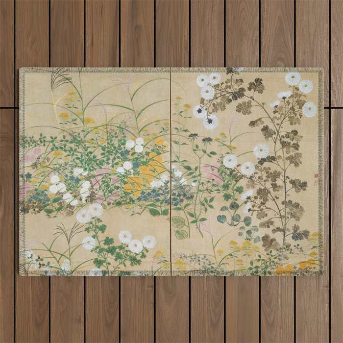 Japanese Edo Period Flowering Plants in Autumn - Ogata Korin Outdoor Rug Gallery Image 1
