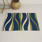 Mid Century Modern Striped Lounge Retro Ogee Pattern in Navy Blue Olive Green Beige Rug Gallery Image 1