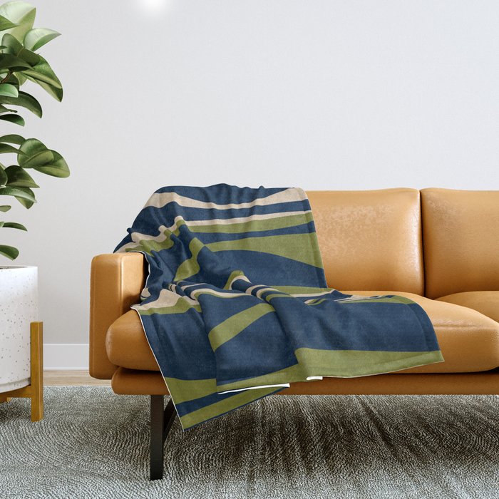 Mid Century Modern Striped Lounge Retro Ogee Pattern in Navy Blue Olive Green Beige Throw Blanket Gallery Image 1