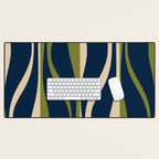 Mid Century Modern Striped Lounge Retro Ogee Pattern in Navy Blue Olive Green Beige Desk Mat Gallery Image 1