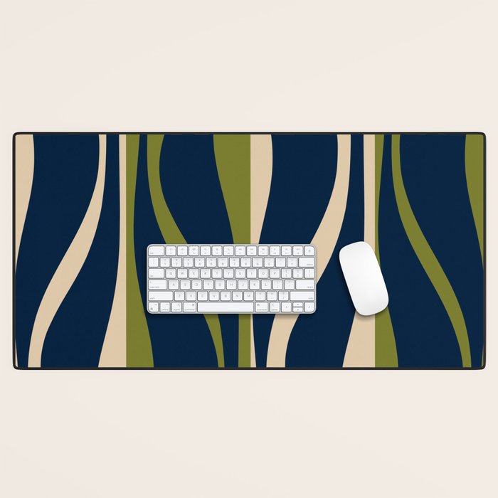 Mid Century Modern Striped Lounge Retro Ogee Pattern in Navy Blue Olive Green Beige Desk Mat Gallery Image 1