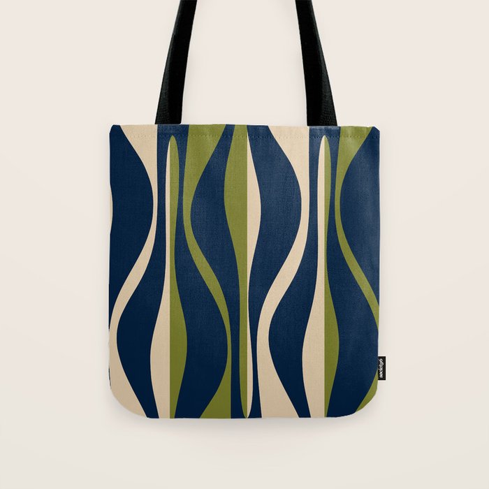 Mid Century Modern Striped Lounge Retro Ogee Pattern in Navy Blue Olive Green Beige Tote Bag Gallery Image 1