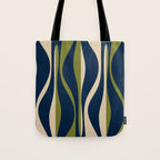 Mid Century Modern Striped Lounge Retro Ogee Pattern in Navy Blue Olive Green Beige Tote Bag Gallery Image 1