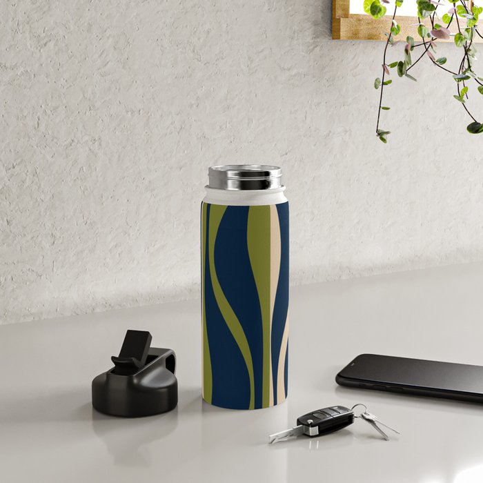 Mid Century Modern Striped Lounge Retro Ogee Pattern in Navy Blue Olive Green Beige Water Bottle Gallery Image 4
