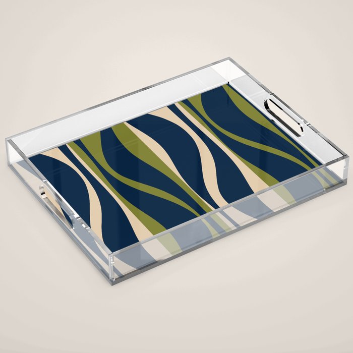 Mid Century Modern Striped Lounge Retro Ogee Pattern in Navy Blue Olive Green Beige Acrylic Tray Gallery Image 1