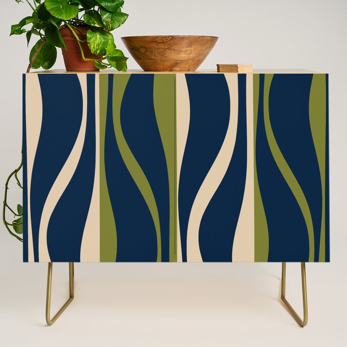Mid Century Modern Striped Lounge Retro Ogee Pattern in Navy Blue Olive Green Beige Credenza Gallery Image 1