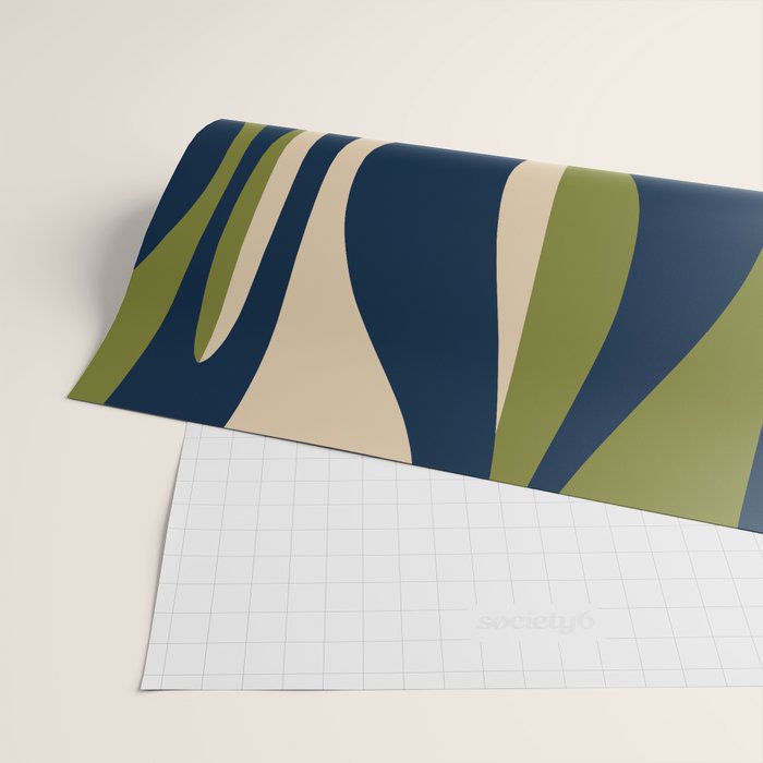Mid Century Modern Striped Lounge Retro Ogee Pattern in Navy Blue Olive Green Beige Wrapping Paper Gallery Image 2