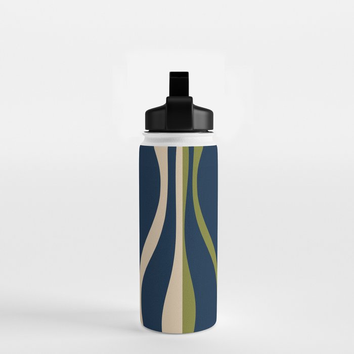 Mid Century Modern Striped Lounge Retro Ogee Pattern in Navy Blue Olive Green Beige Water Bottle Gallery Image 2