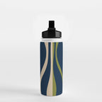 Mid Century Modern Striped Lounge Retro Ogee Pattern in Navy Blue Olive Green Beige Water Bottle Gallery Image 2
