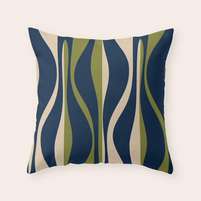 Mid Century Modern Striped Lounge Retro Ogee Pattern in Navy Blue Olive Green Beige Throw Pillow Gallery Image 1
