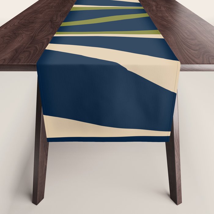 Mid Century Modern Striped Lounge Retro Ogee Pattern in Navy Blue Olive Green Beige Table Runner