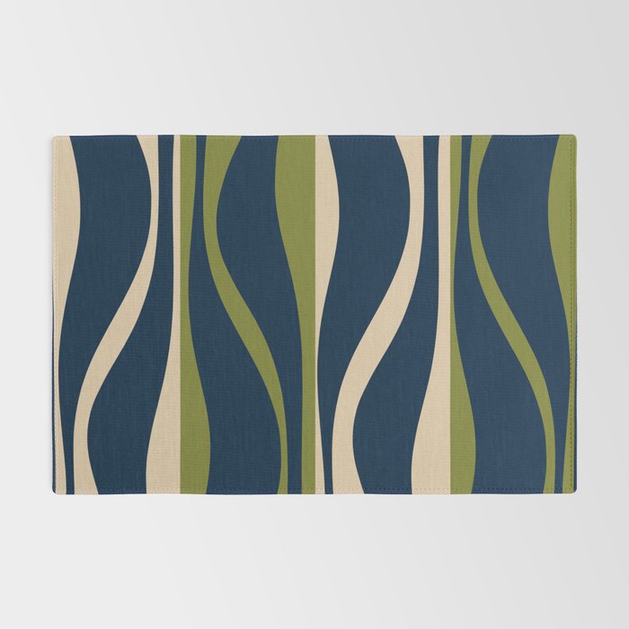 Mid Century Modern Striped Lounge Retro Ogee Pattern in Navy Blue Olive Green Beige Rug Gallery Image 2