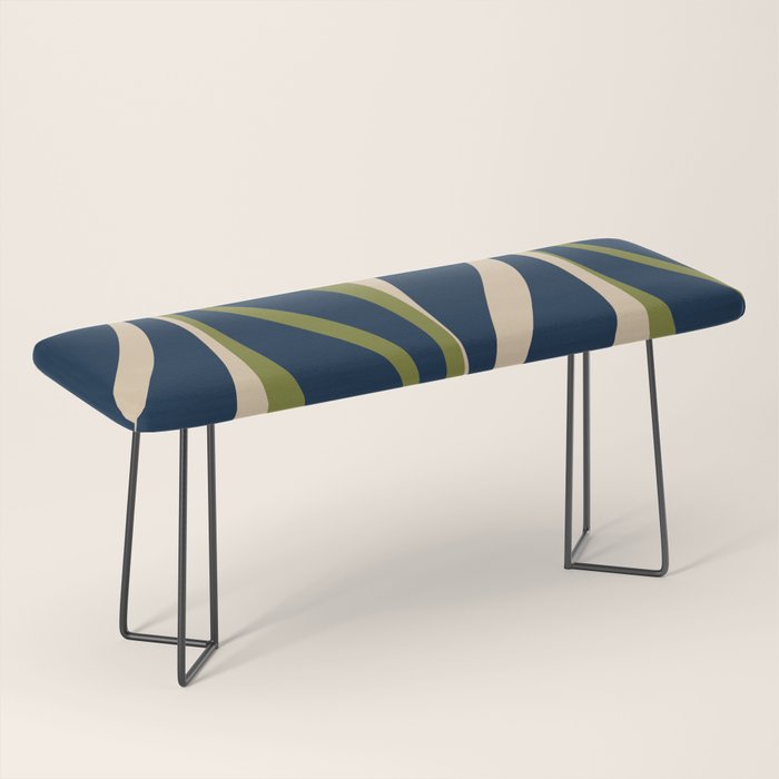 Mid Century Modern Striped Lounge Retro Ogee Pattern in Navy Blue Olive Green Beige Bench Gallery Image 1