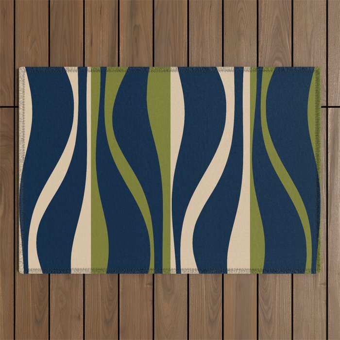 Mid Century Modern Striped Lounge Retro Ogee Pattern in Navy Blue Olive Green Beige Outdoor Rug Gallery Image 1