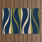 Mid Century Modern Striped Lounge Retro Ogee Pattern in Navy Blue Olive Green Beige Outdoor Rug Gallery Image 1