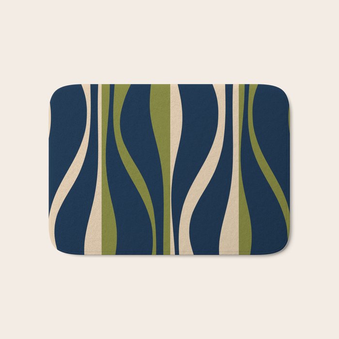 Mid Century Modern Striped Lounge Retro Ogee Pattern in Navy Blue Olive Green Beige Bath Mat Gallery Image 1