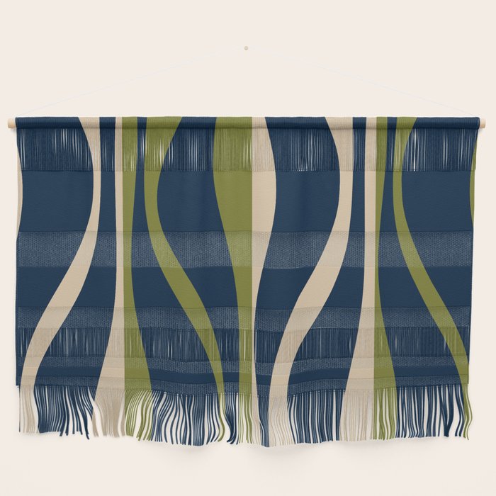 Mid Century Modern Striped Lounge Retro Ogee Pattern in Navy Blue Olive Green Beige Wall Hanging Gallery Image 1