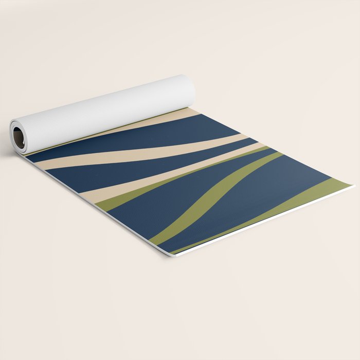 Mid Century Modern Striped Lounge Retro Ogee Pattern in Navy Blue Olive Green Beige Yoga Mat Gallery Image 2